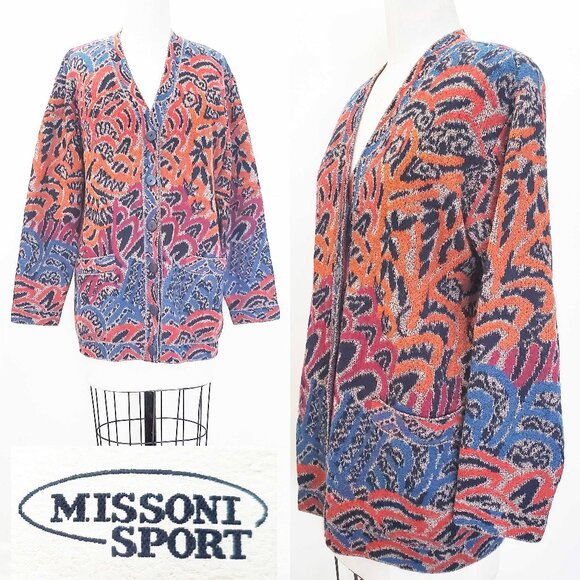 Missoni Sport Womens Vintage Abstract Mohair Wool Knit Cardigan Sweater ITALY - Picture 1 of 11